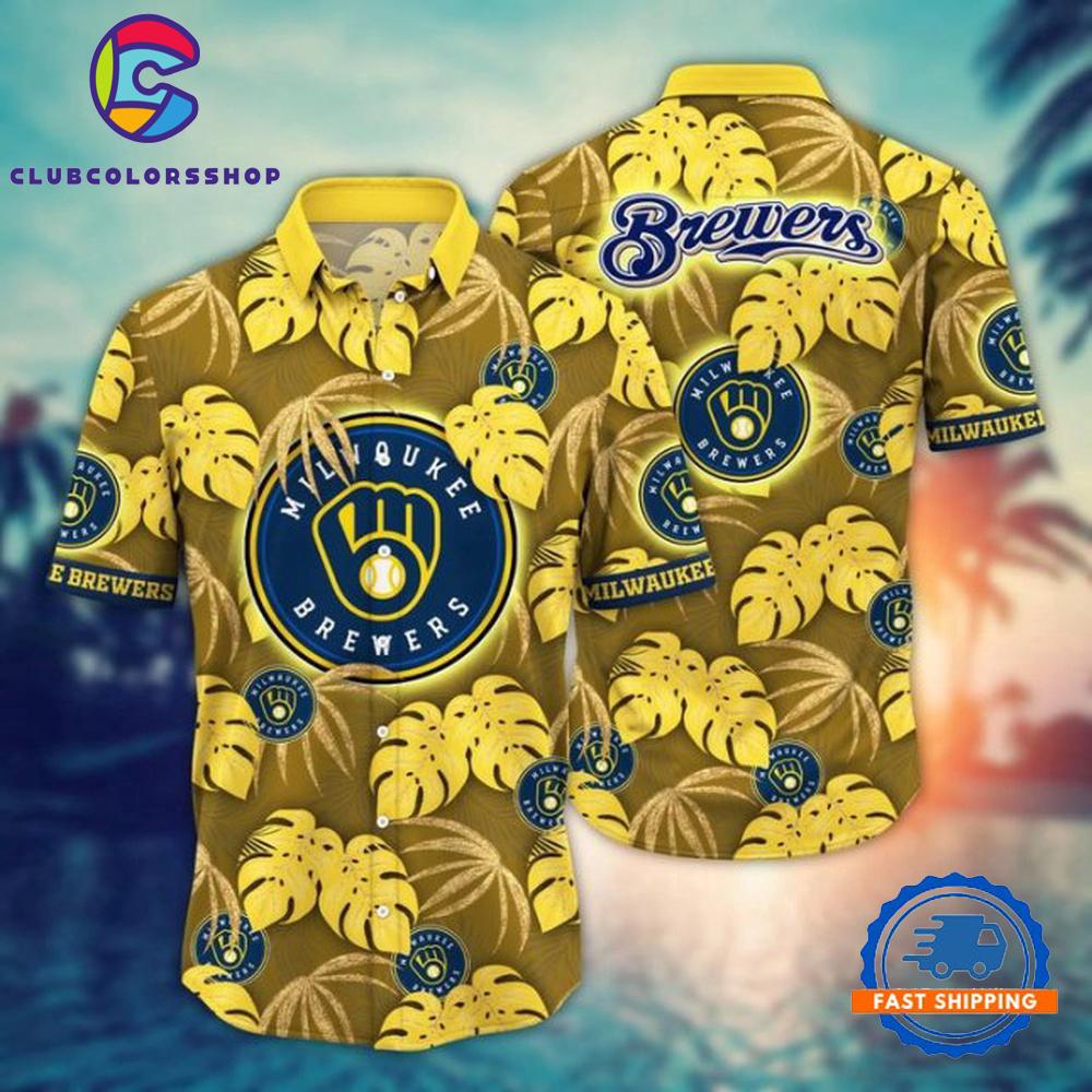 MLB Milwaukee Brewers Hawaiian Shirt Golden Leaf Design MLB Milwaukee Brewers Hawaiian Shirt Golden Leaf Design