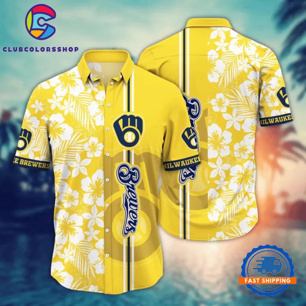 MLB Milwaukee Brewers Hibiscus Stripe Hawaiian Shirt