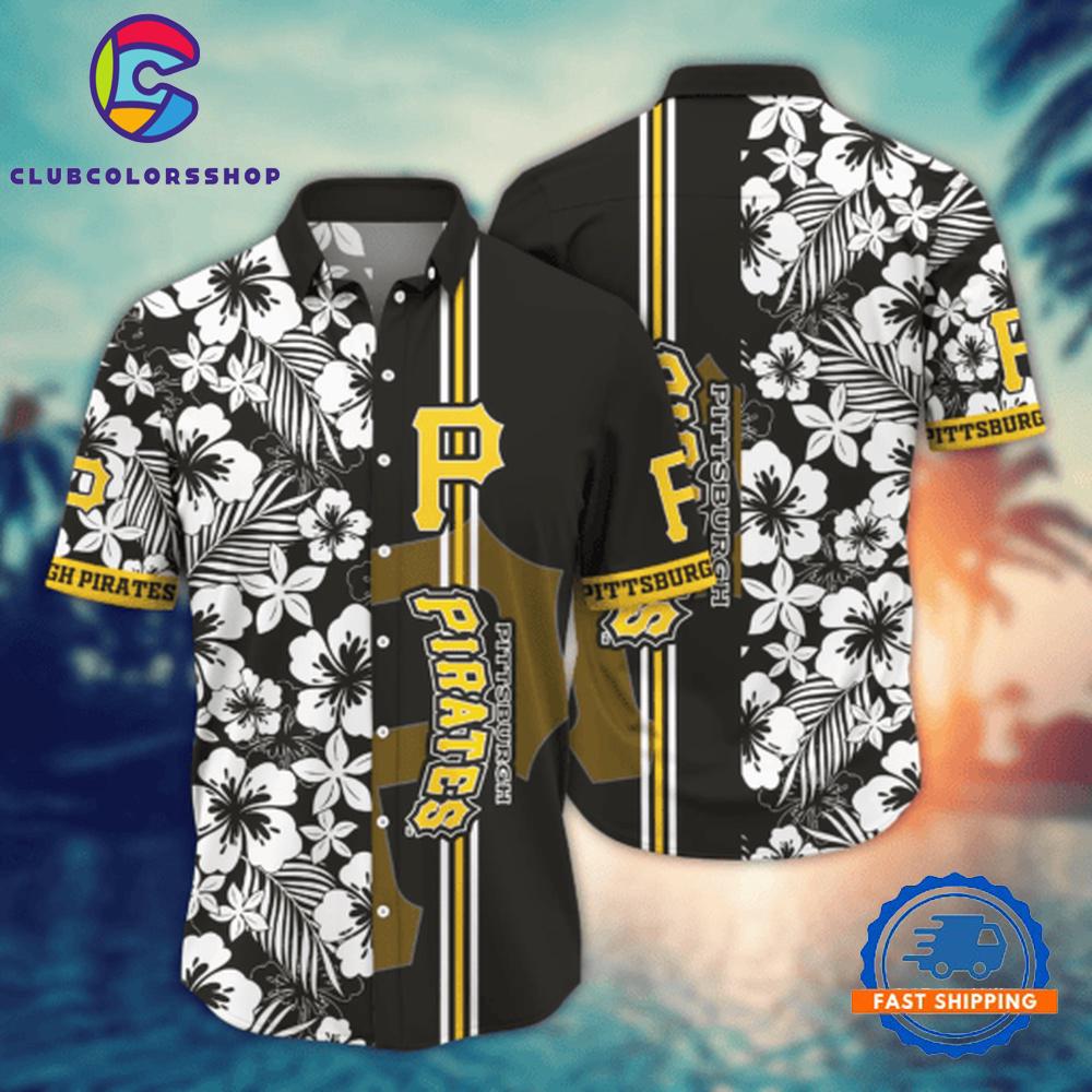 MLB Pittsburgh Pirates Tropical Hibiscus Stripe Hawaiian Shirt