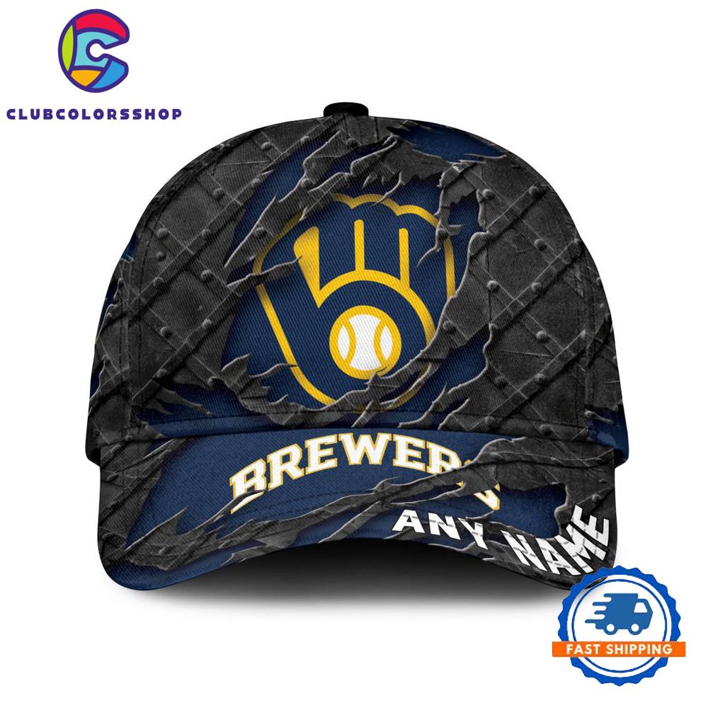 MLB Milwaukee Brewers Custom Name Black Metal Design Classic Cap