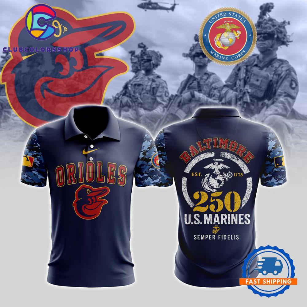 MLB Baltimore Orioles Special USMC 250th Birthday Design Polo Shirt