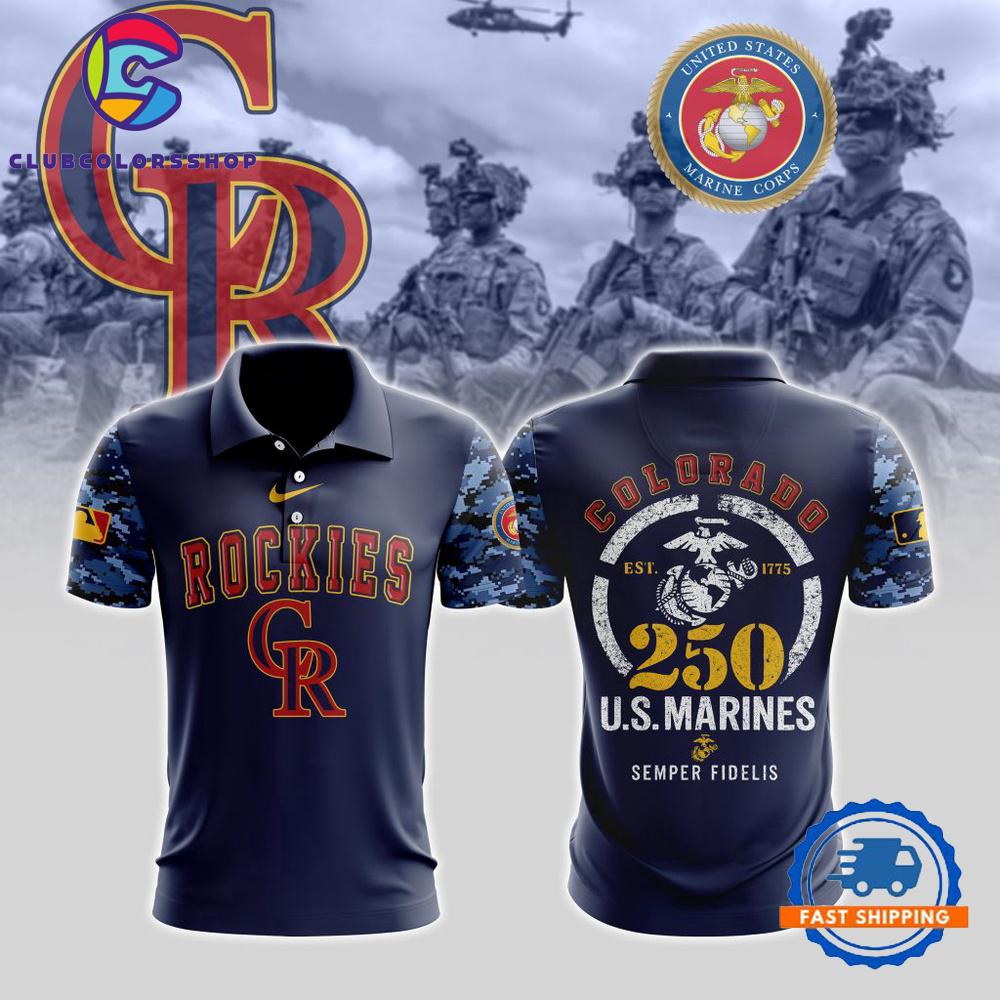 MLB Colorado Rockies Special USMC 250th Birthday Design Polo Shirt