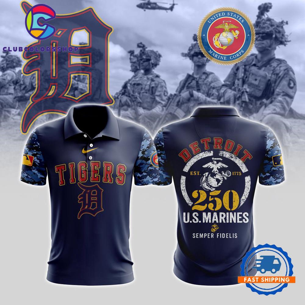 MLB Detroit Tigers Special USMC 250th Birthday Design Polo Shirt