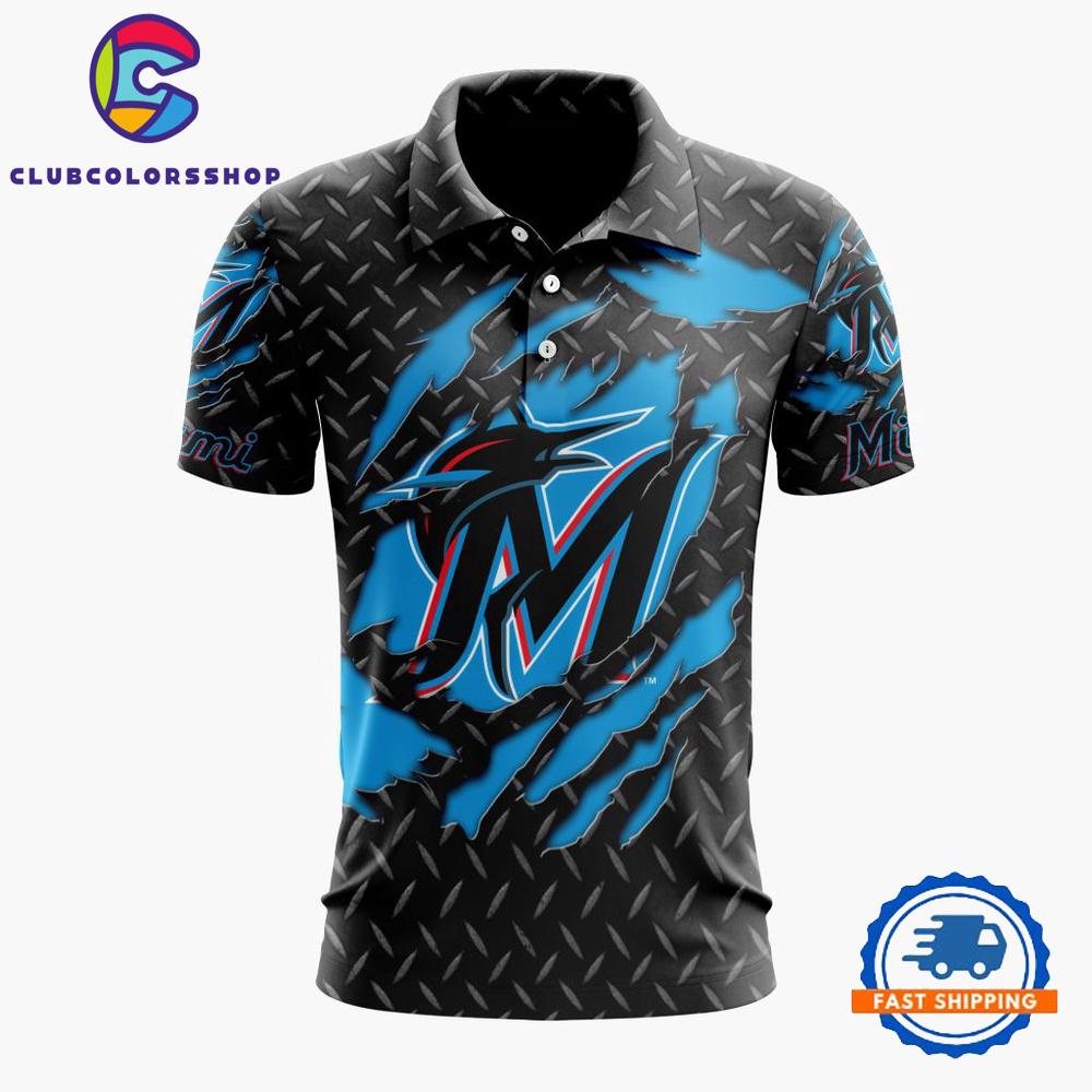 MLB Miami Marlins Special Black Metal Design Polo Shirt