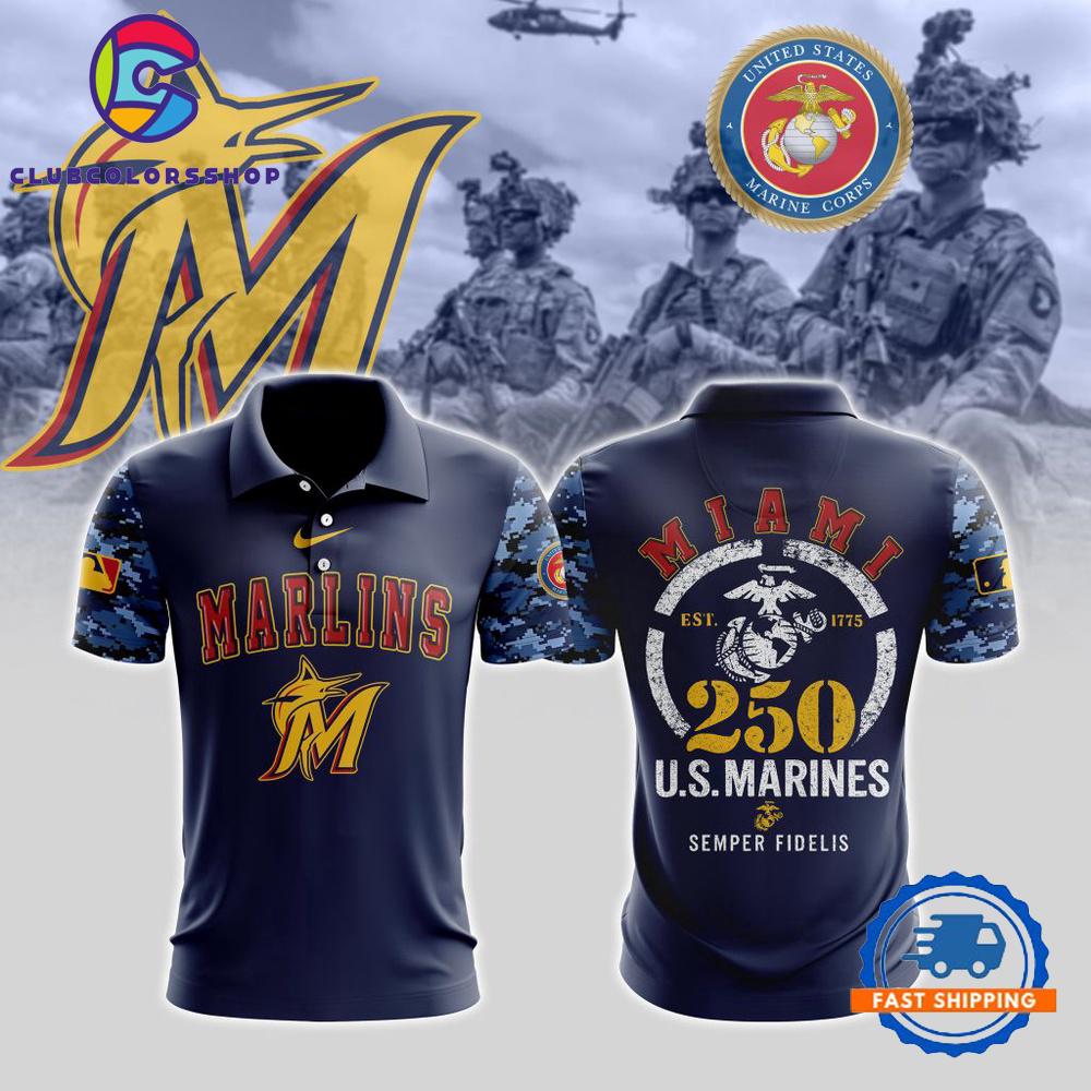 MLB Miami Marlins Special USMC 250th Birthday Design Polo Shirt