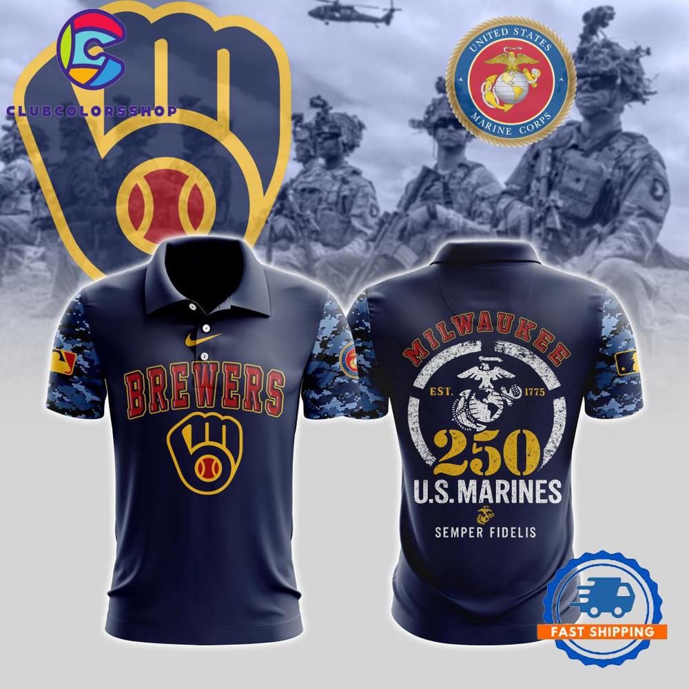 MLB Milwaukee Brewers Special USMC 250th Birthday Design Polo Shirt