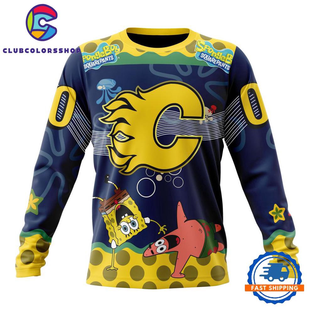 NHL Calgary Flames Specialized Jersey With SpongeBob Hoodie, T Shirt NHL Calgary Flames Specialized Jersey With SpongeBob Hoodie, T Shirt