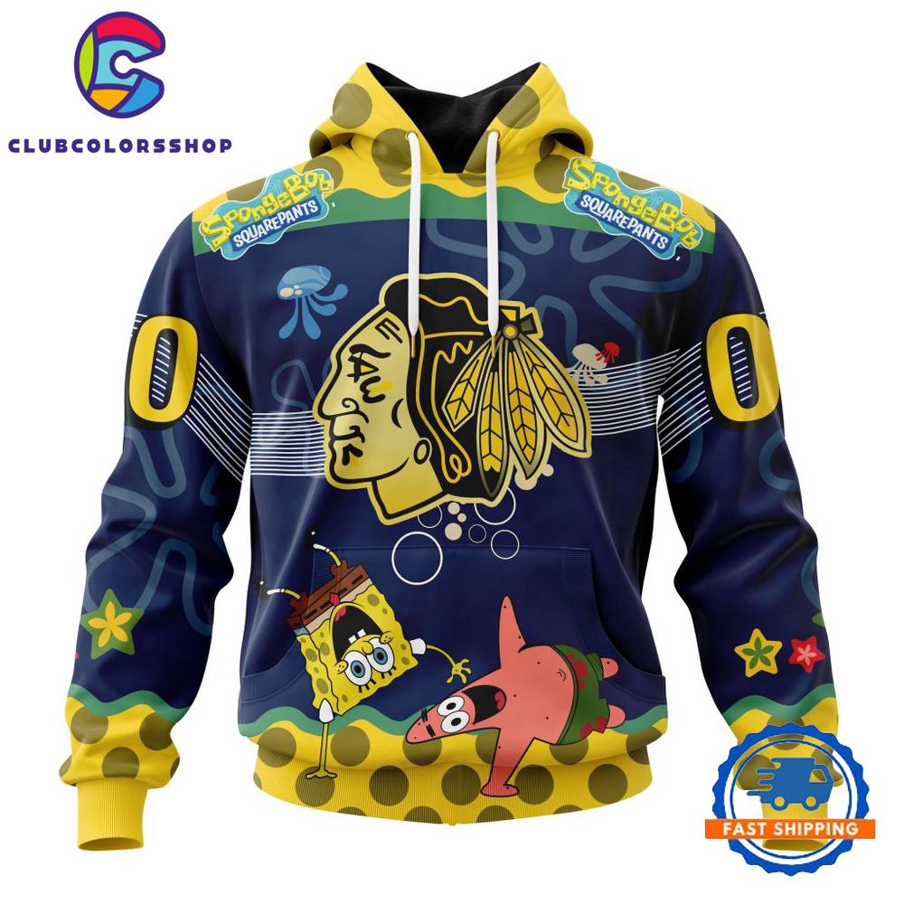 NHL Chicago BlackHawks Specialized Jersey With SpongeBob Hoodie, T Shirt