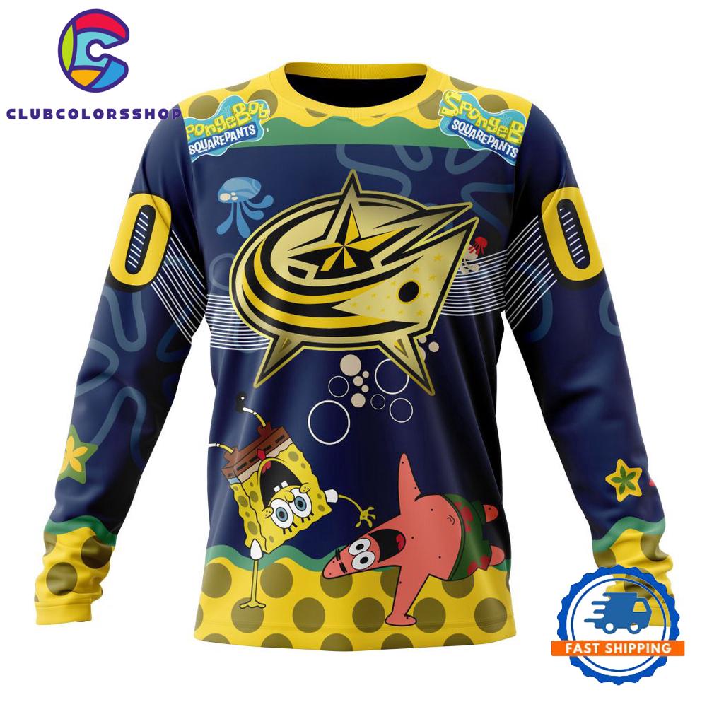 NHL Columbus Blue Jackets Specialized Jersey With SpongeBob Hoodie, T Shirt NHL Columbus Blue Jackets Specialized Jersey With SpongeBob Hoodie, T Shirt
