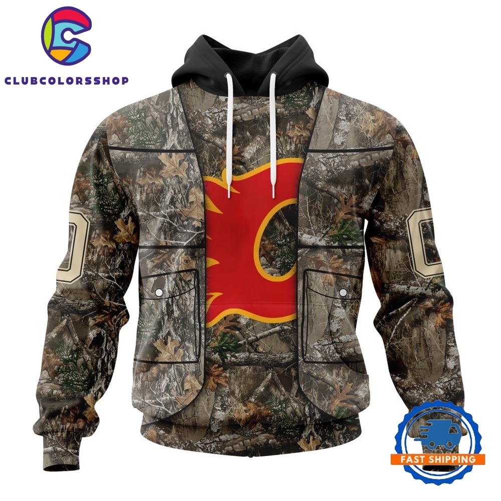 NHL Calgary Flames Specialized Unisex Vest Kits With Realtree Camo Hoodie, T Shirt
