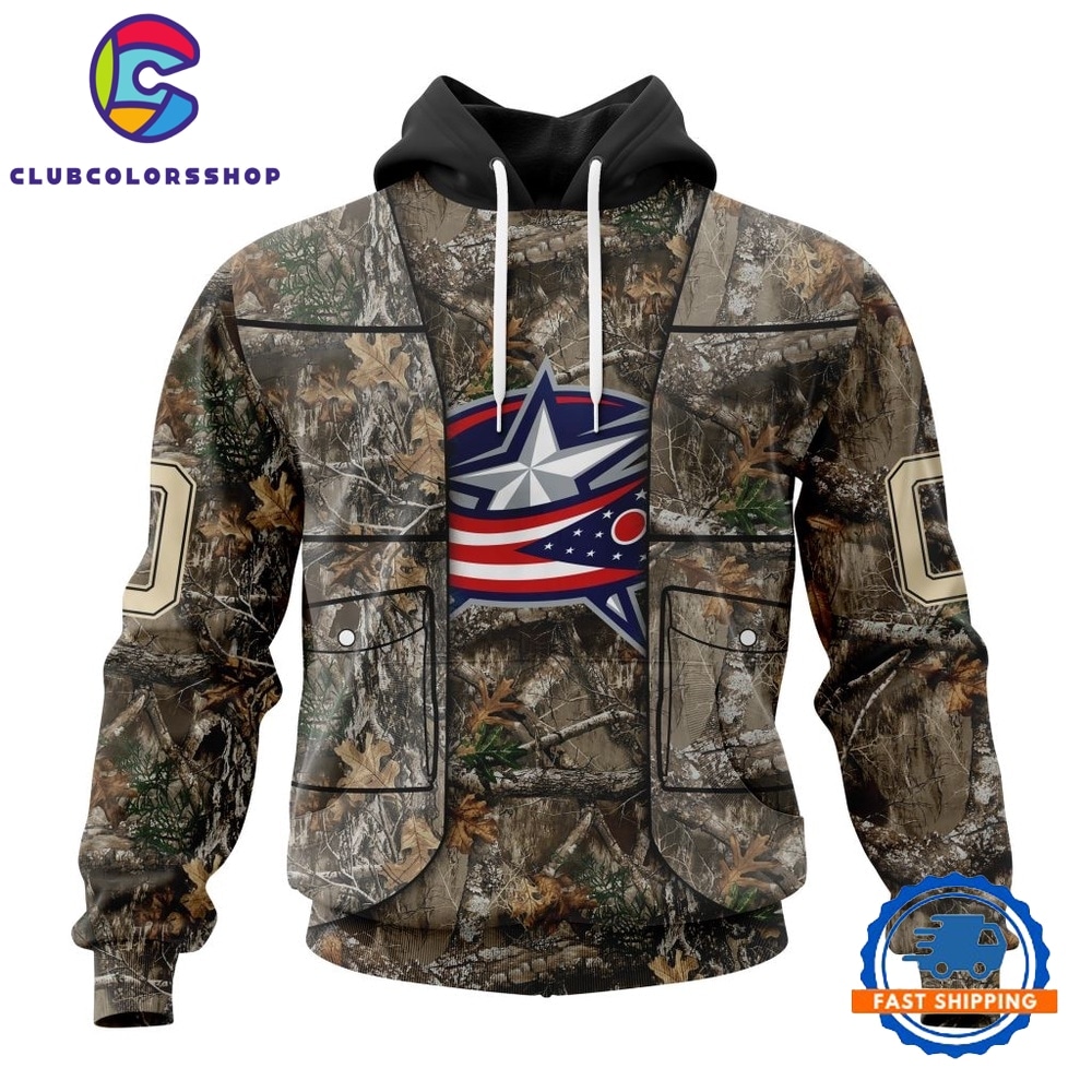 NHL Columbus Blue Jackets Specialized Unisex Vest Kits With Realtree Camo Hoodie, T Shirt
