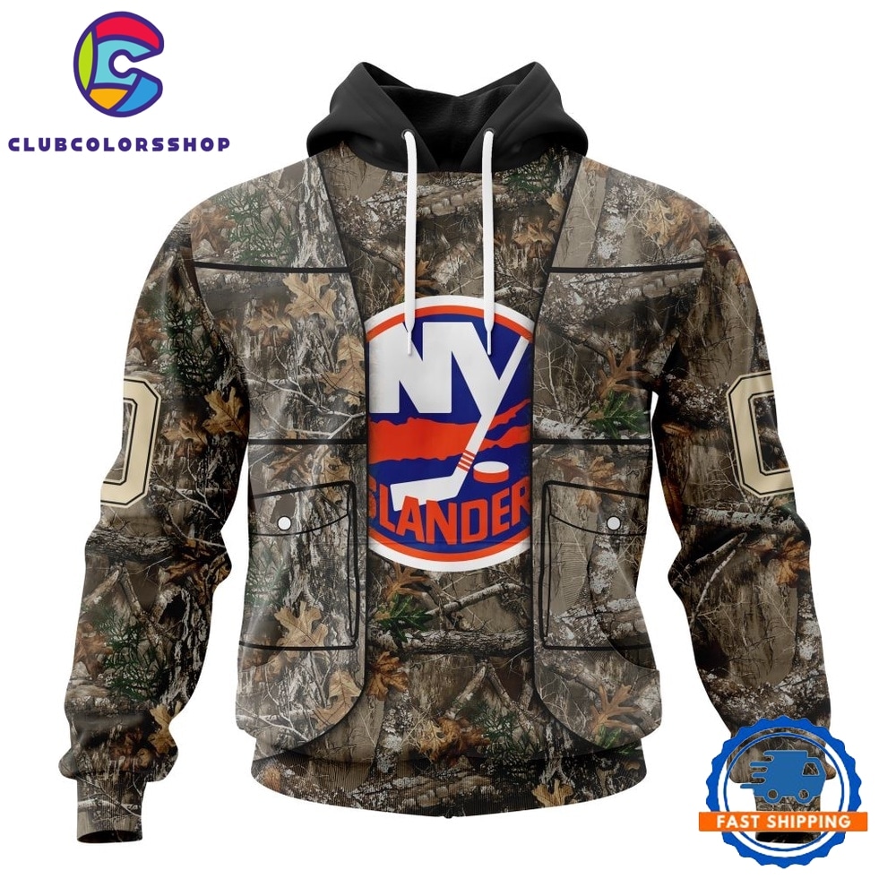 NHL New York Islanders Specialized Unisex Vest Kits With Realtree Camo Hoodie, T Shirt