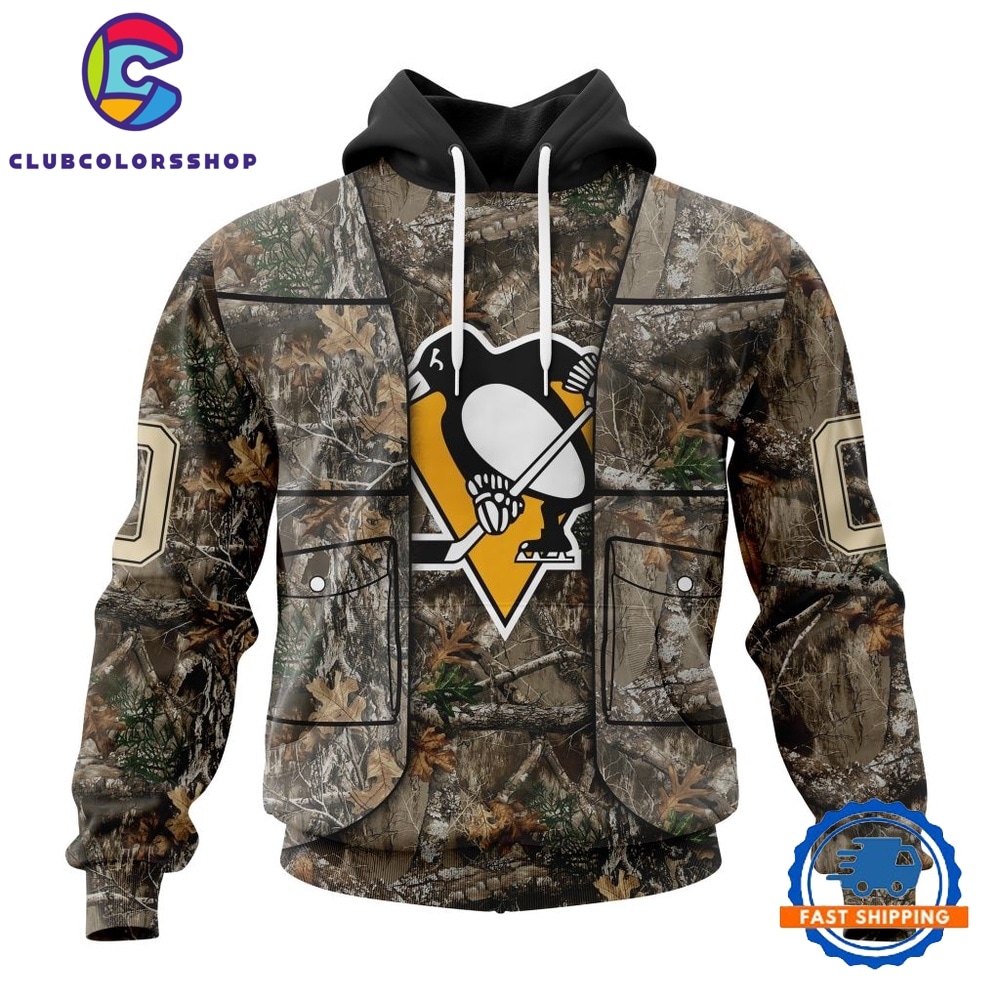 NHL Pittsburgh Penguins Specialized Unisex Vest Kits With Realtree Camo Hoodie, T Shirt