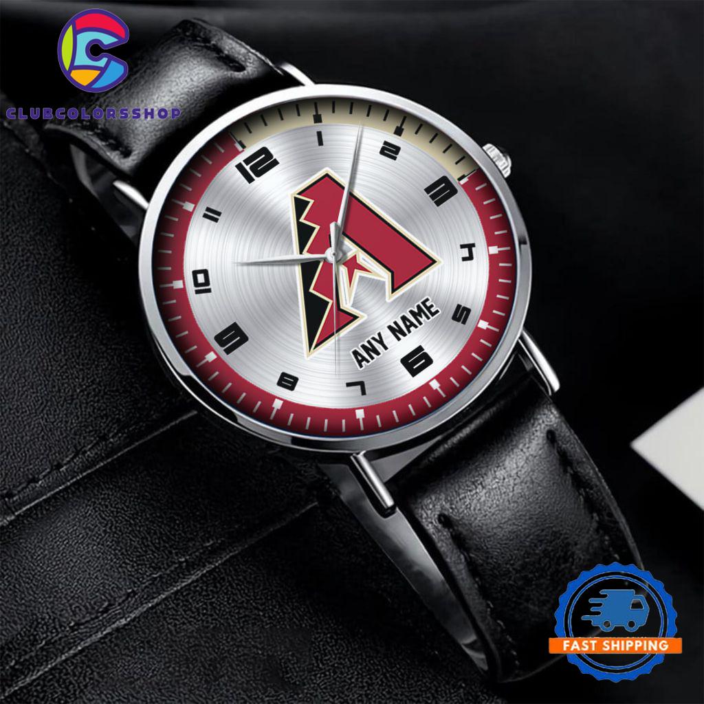 MLB Arizona Diamondbacks Personalized Black Stitched Leather Watch, Baseball Team Watch Design