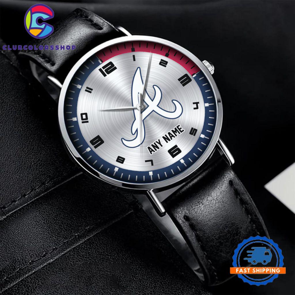 MLB Atlanta Braves Personalized Black Stitched Leather Watch, Baseball Team Watch Design