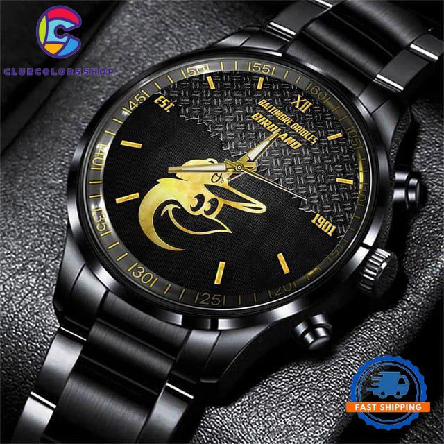 MLB Baltimore Orioles Custom Black Stainless Steel Watch, Baseball Team Watch