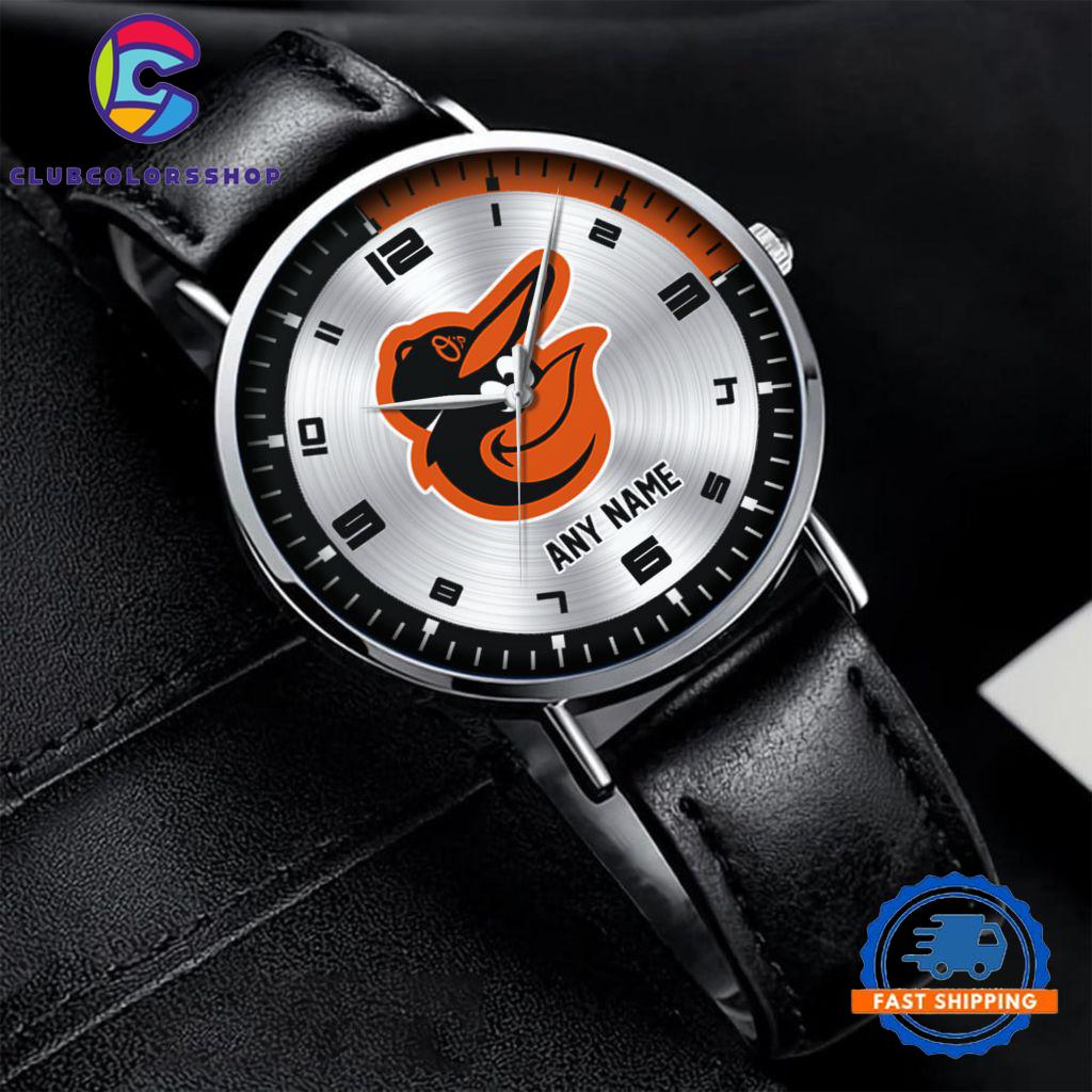 MLB Baltimore Orioles Personalized Black Stitched Leather Watch, Baseball Team Watch Design