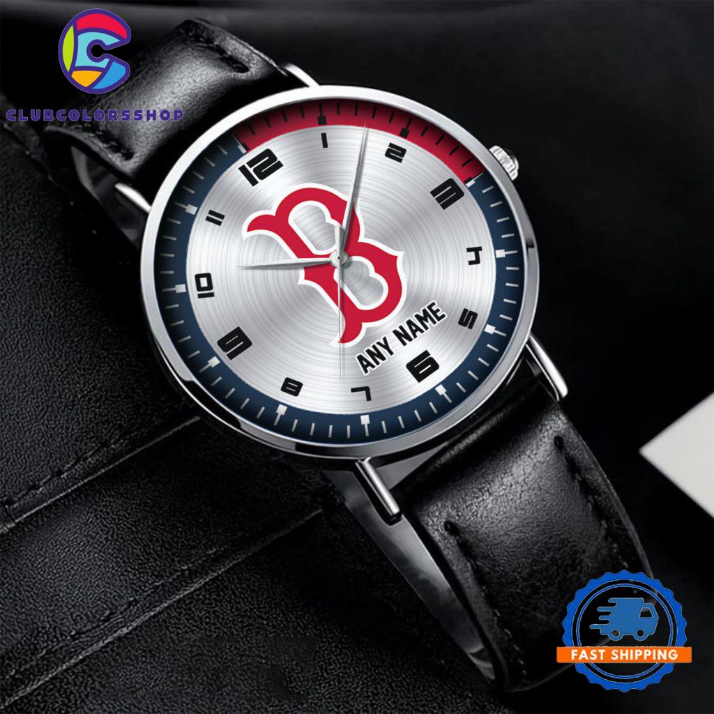 MLB Boston Red Sox Personalized Black Stitched Leather Watch, Baseball Team Watch Design