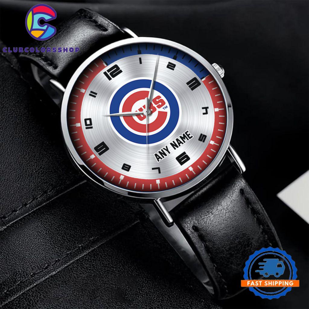 MLB Chicago Cubs Personalized Black Stitched Leather Watch, Baseball Team Watch Design