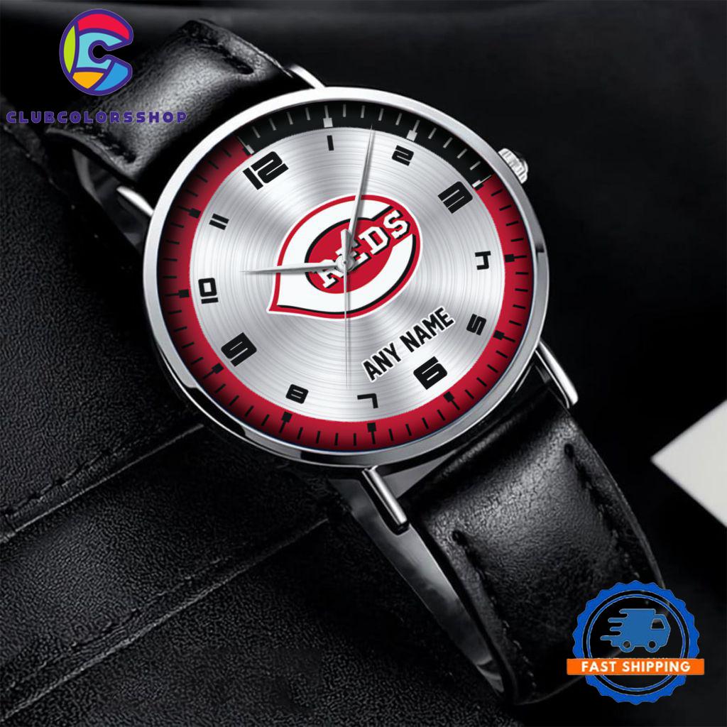MLB Cincinnati Reds Personalized Black Stitched Leather Watch, Baseball Team Watch Design