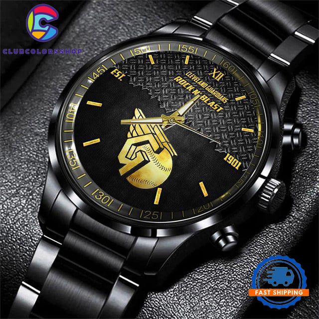 MLB Cleveland Guardians Custom Black Stainless Steel Watch, Baseball Team Watch