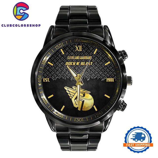 MLB Cleveland Guardians Custom Black Stainless Steel Watch, Baseball Team Watch MLB Cleveland Guardians Custom Black Stainless Steel Watch, Baseball Team Watch