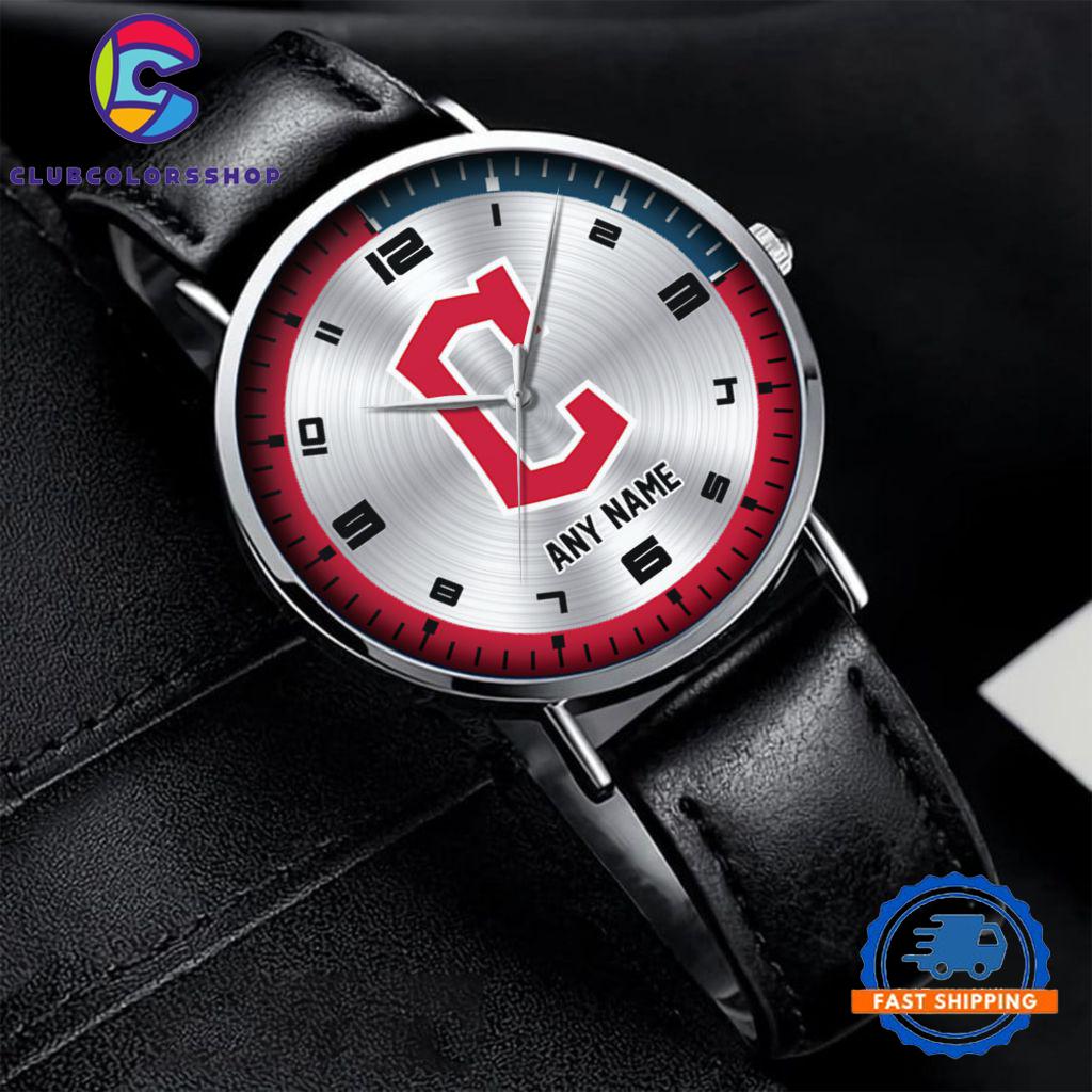 MLB Cleveland Guardians Personalized Black Stitched Leather Watch, Baseball Team Watch Design