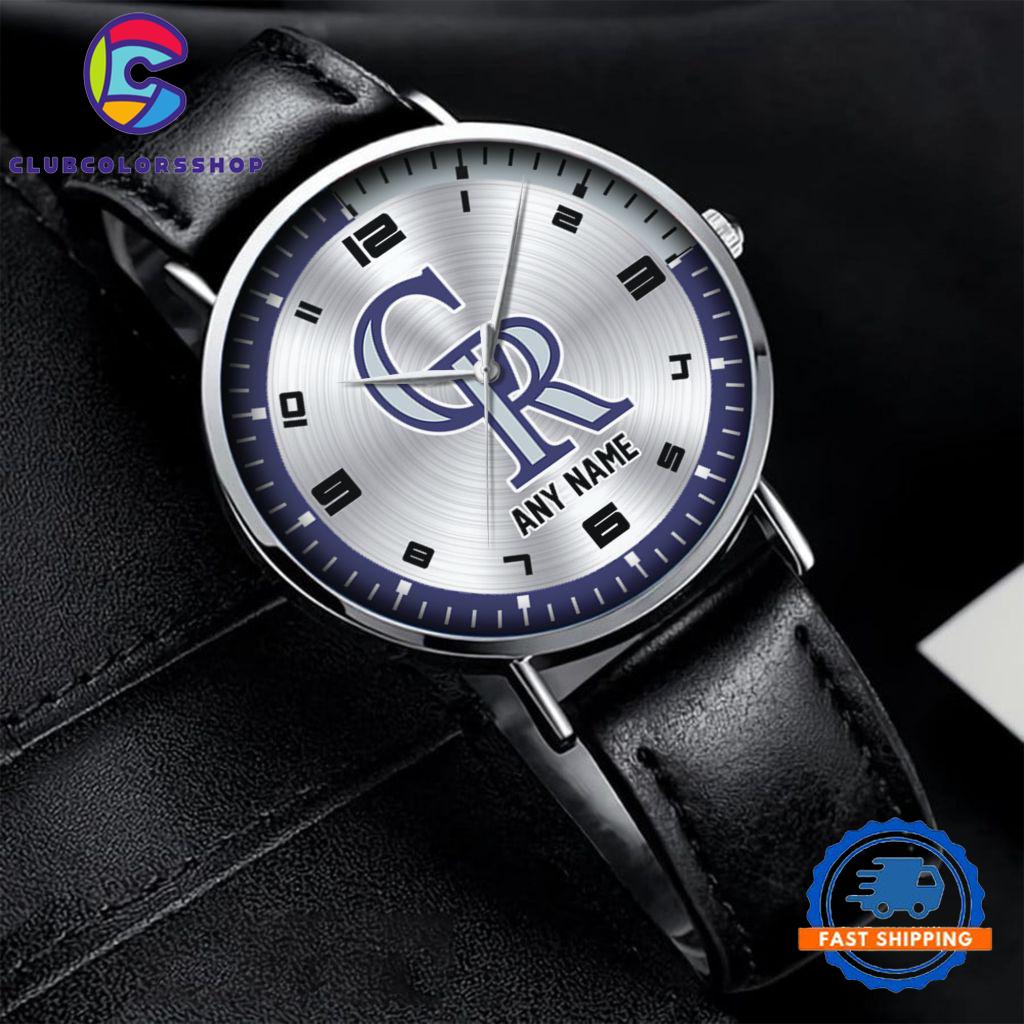 MLB Colorado Rockies Personalized Black Stitched Leather Watch, Baseball Team Watch Design