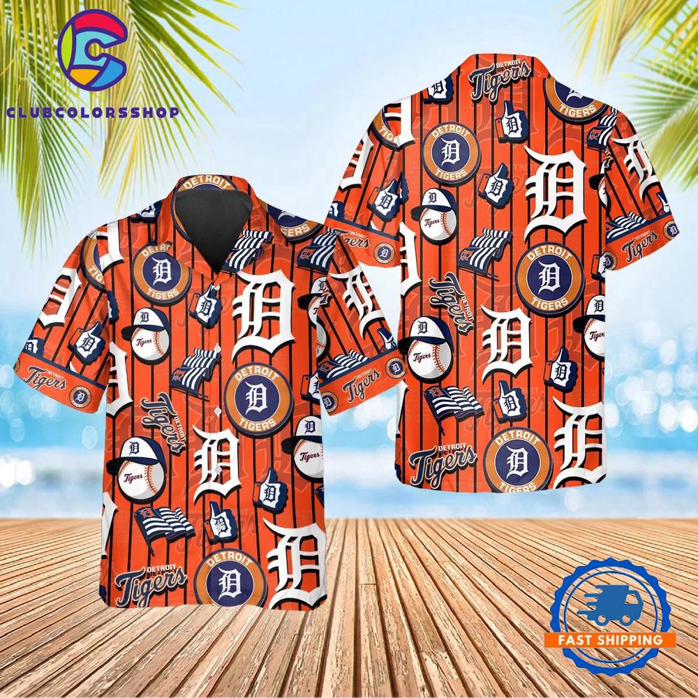 MLB Detroit Tigers Orange Stripe Logo Hawaiian Shirt