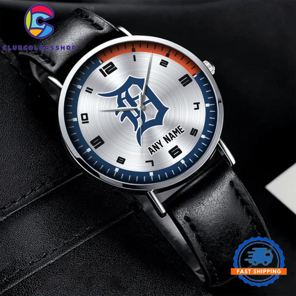 MLB Detroit Tigers Personalized Black Stitched Leather Watch, Baseball Team Watch Design