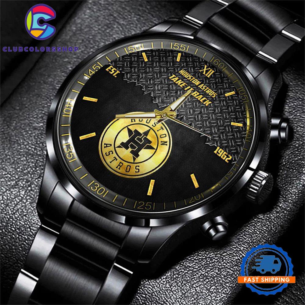 MLB Houston Astros Custom Black Stainless Steel Watch, Baseball Team Watch