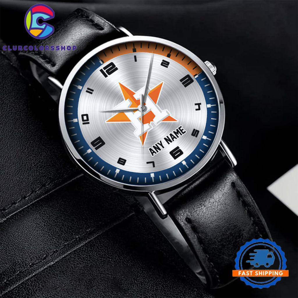 MLB Houston Astros Personalized Black Stitched Leather Watch, Baseball Team Watch Design