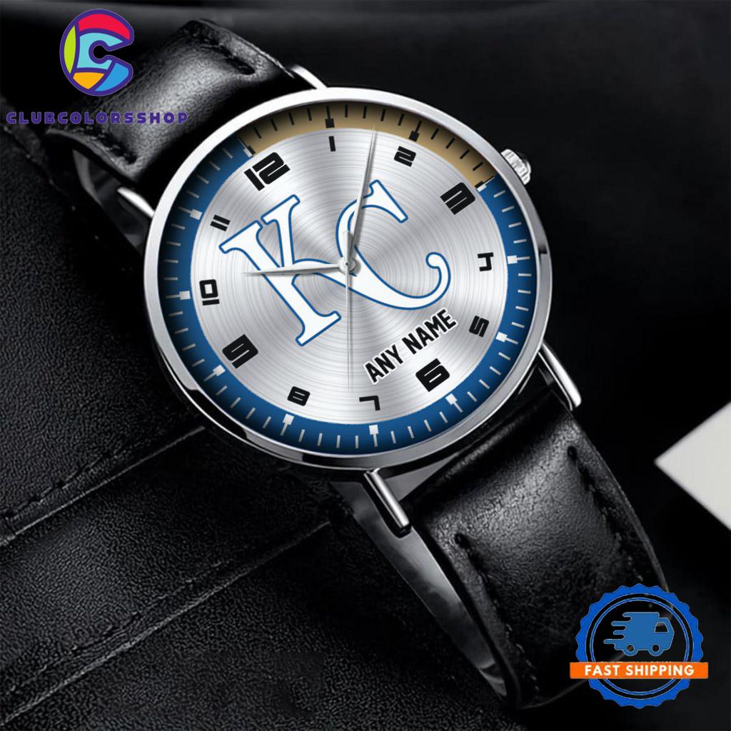 MLB Kansas City Royals Personalized Black Stitched Leather Watch, Baseball Team Watch Design