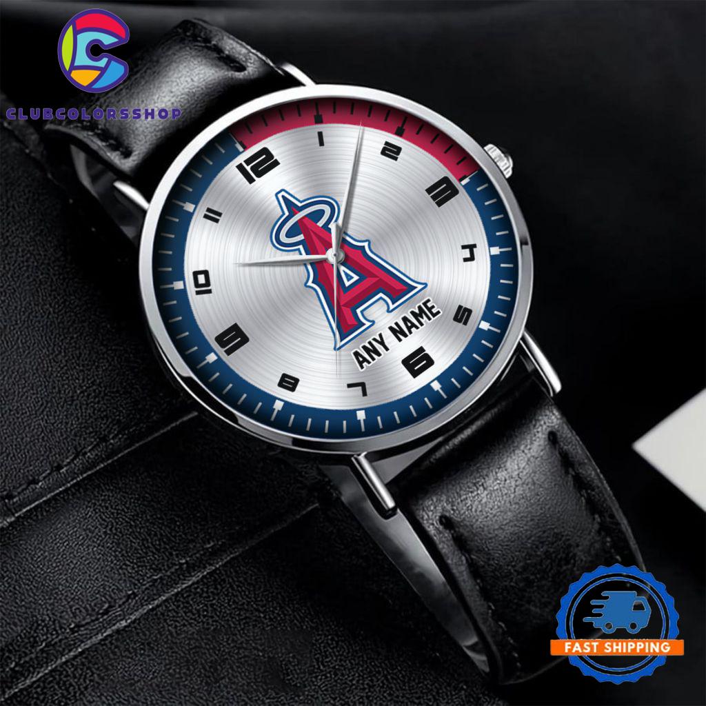 MLB Los Angeles Angels Personalized Black Stitched Leather Watch, Baseball Team Watch Design