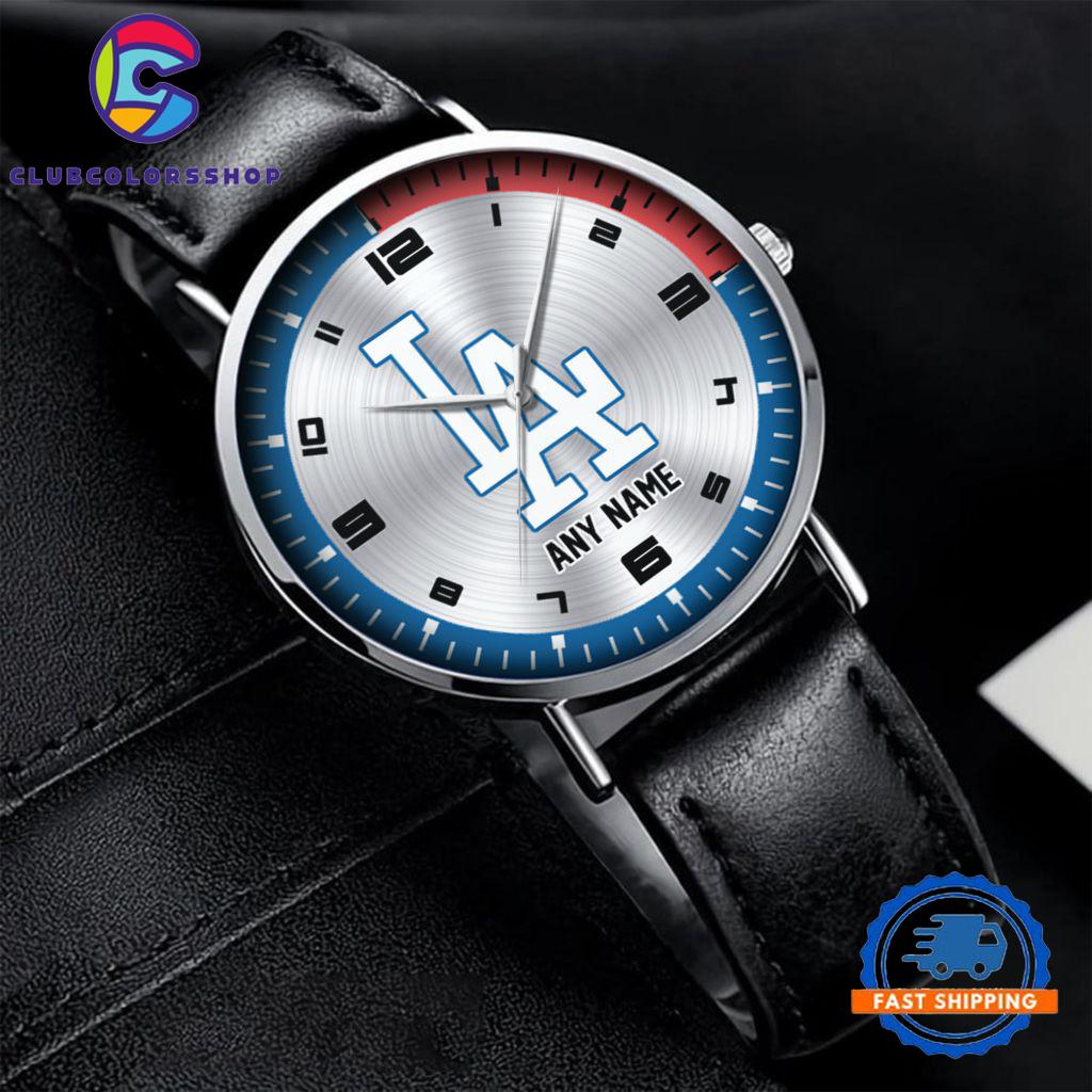 MLB Los Angeles Dodgers Personalized Black Stitched Leather Watch, Baseball Team Watch Design