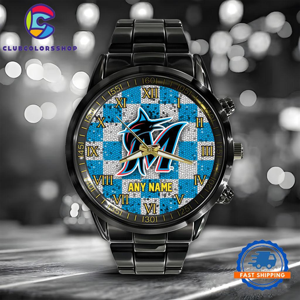 MLB Miami Marlins Black Stainless Steel Watch Baseball Team Design