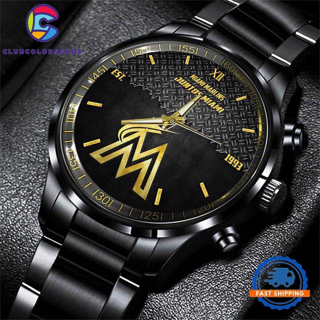 MLB Miami Marlins Custom Black Stainless Steel Watch, Baseball Team Watch