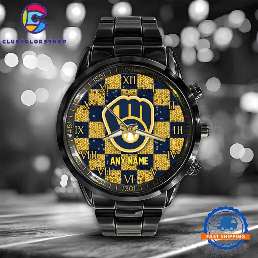 MLB Milwaukee Brewers Black Stainless Steel Watch Baseball Team Design
