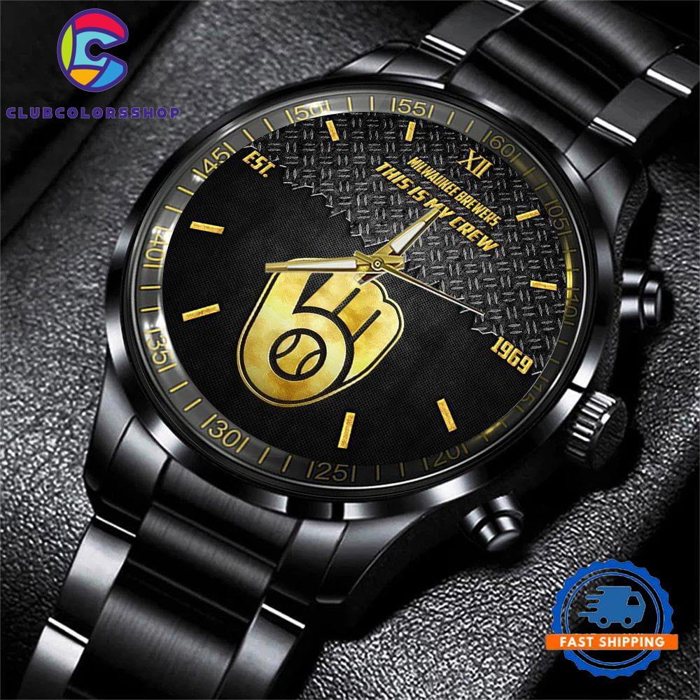 MLB Milwaukee Brewers Custom Black Stainless Steel Watch, Baseball Team Watch