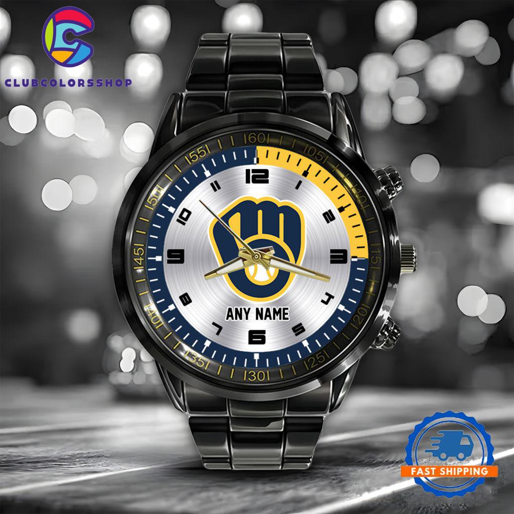 MLB Milwaukee Brewers Personalized Black Stainless Steel Watch