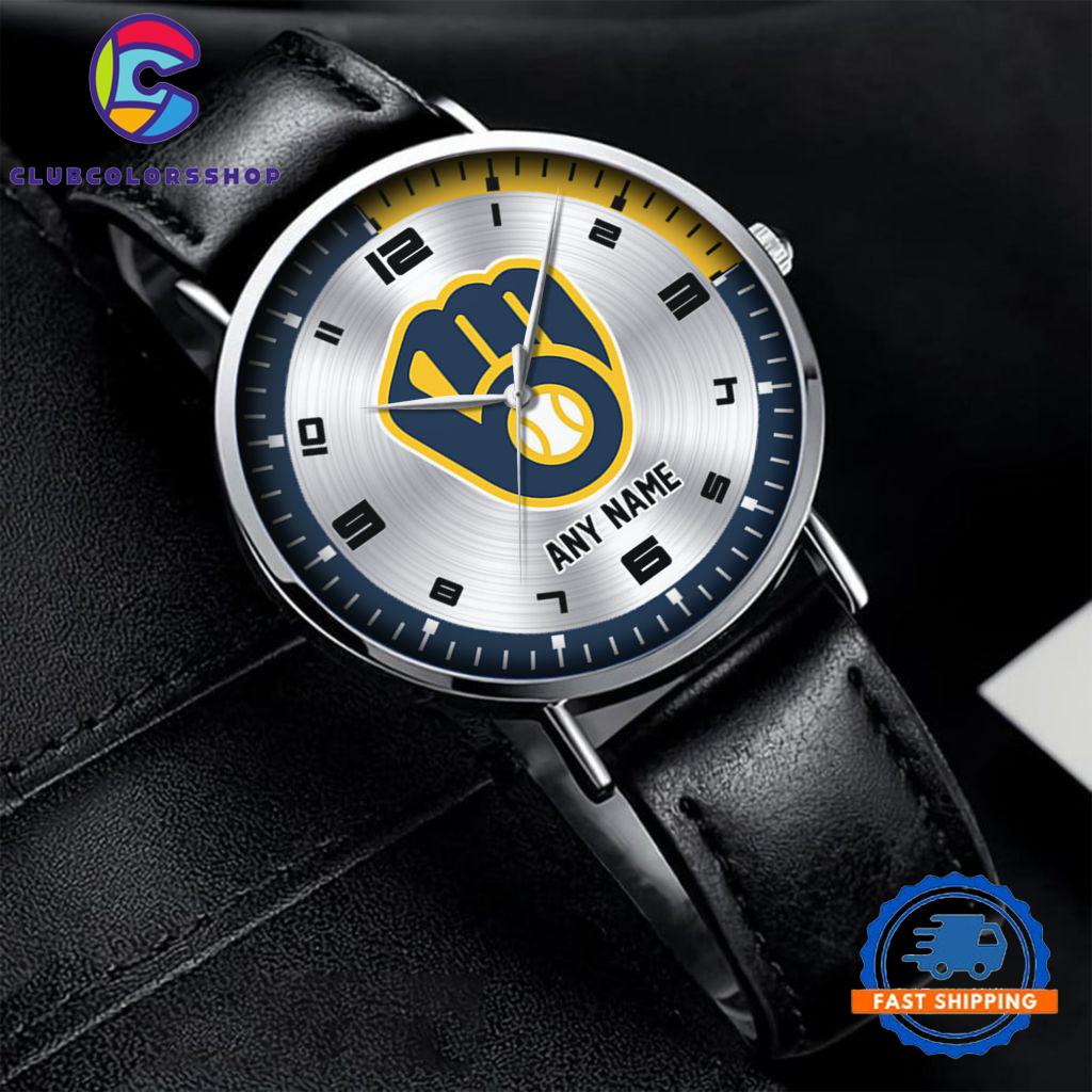 MLB Milwaukee Brewers Personalized Black Stitched Leather Watch, Baseball Team Watch Design