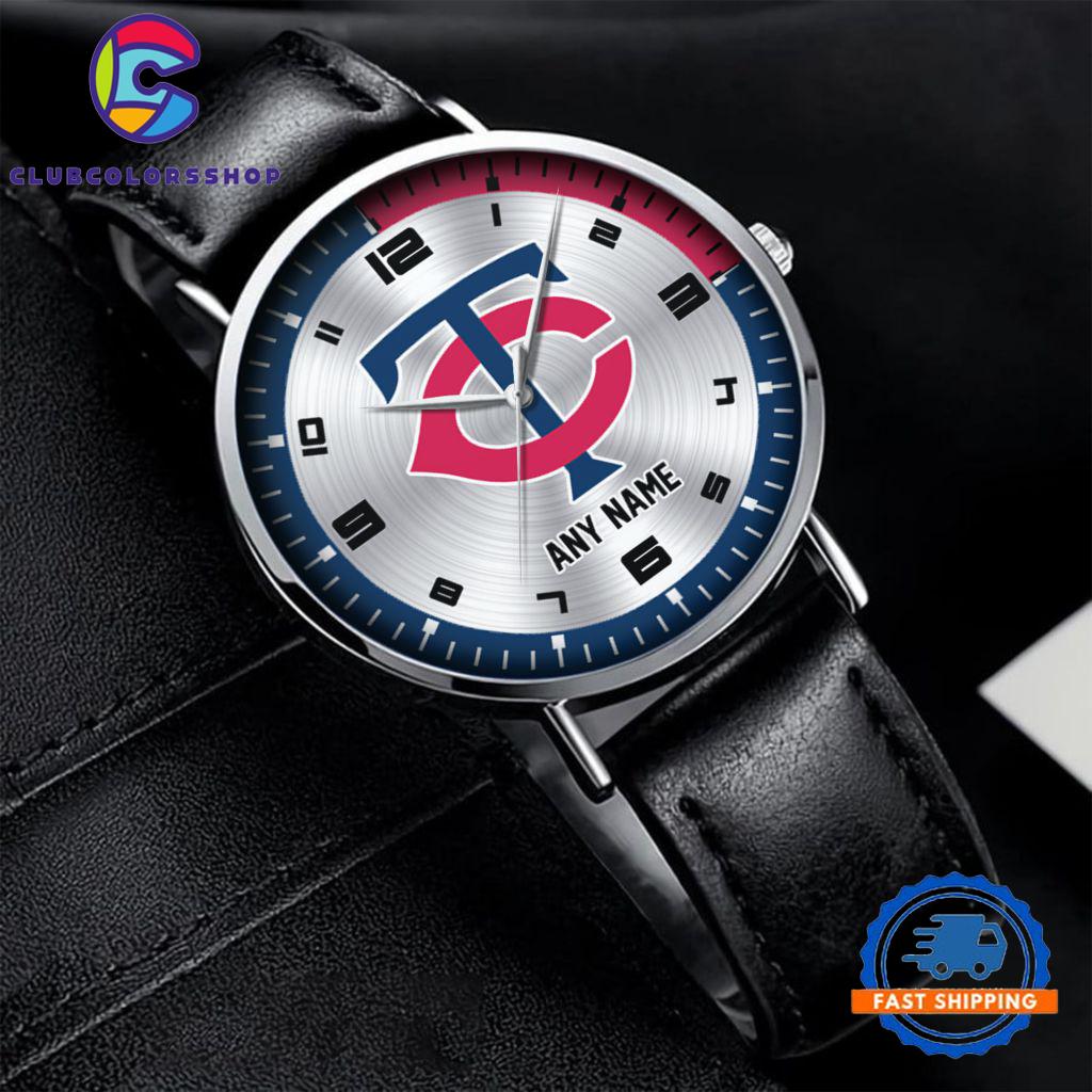 MLB Minnesota Twins Personalized Black Stitched Leather Watch, Baseball Team Watch Design