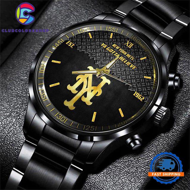 MLB New York Mets Custom Black Stainless Steel Watch, Baseball Team Watch