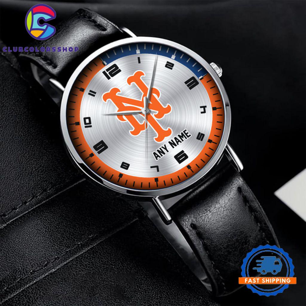 MLB New York Mets Personalized Black Stitched Leather Watch, Baseball Team Watch Design