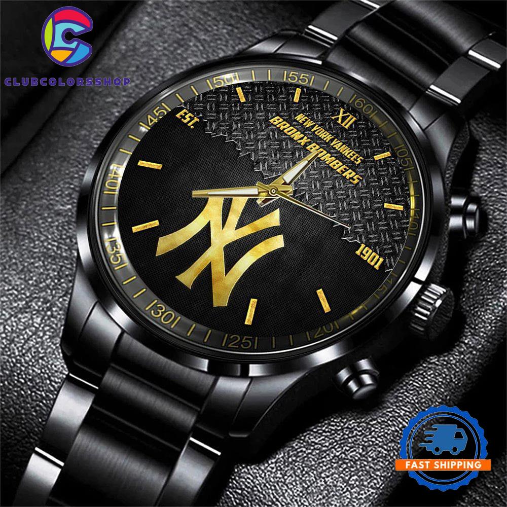 MLB New York Yankees Custom Black Stainless Steel Watch, Baseball Team Watch