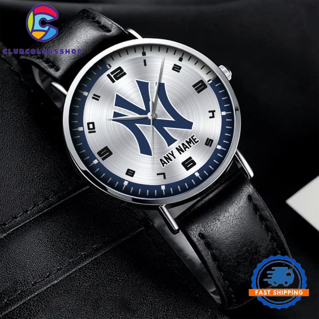 MLB New York Yankees Personalized Black Stitched Leather Watch, Baseball Team Watch Design