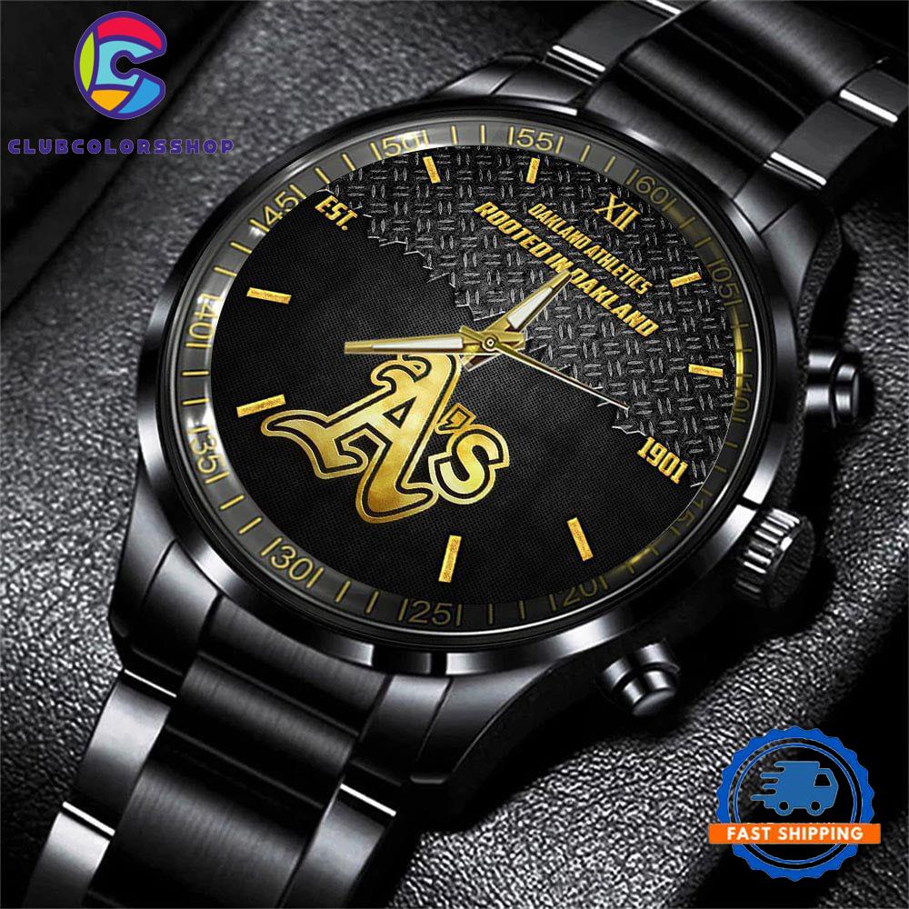 MLB Oakland Athletics Custom Black Stainless Steel Watch, Baseball Team Watch