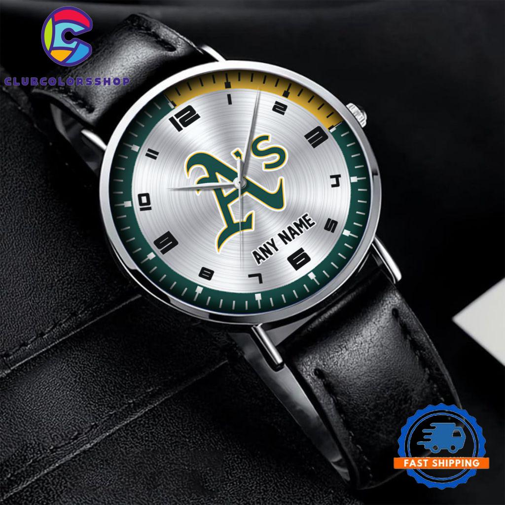 MLB Oakland Athletics Personalized Black Stitched Leather Watch, Baseball Team Watch Design