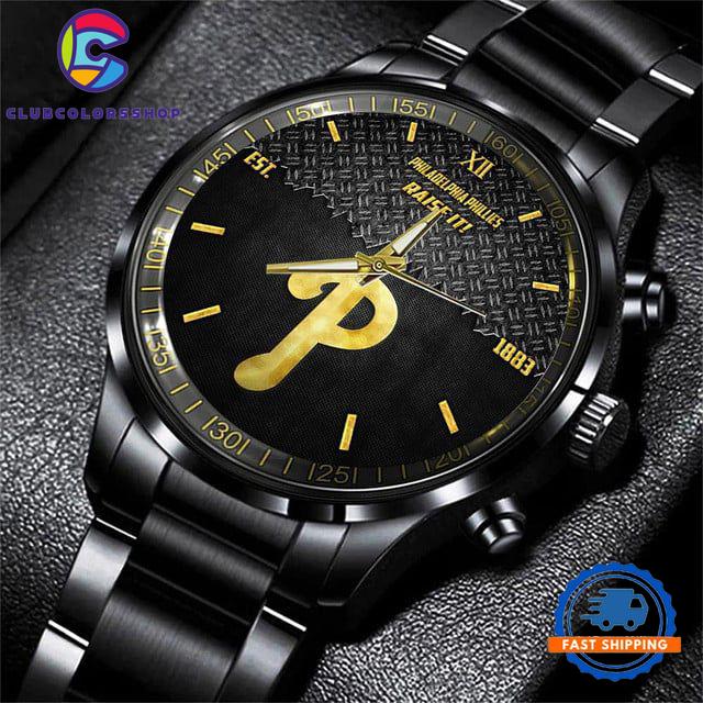 MLB Philadelphia Phillies Custom Black Stainless Steel Watch, Baseball Team Watch