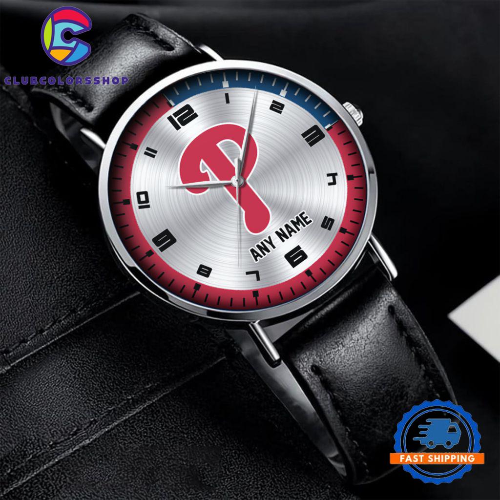 MLB Philadelphia Phillies Personalized Black Stitched Leather Watch, Baseball Team Watch Design
